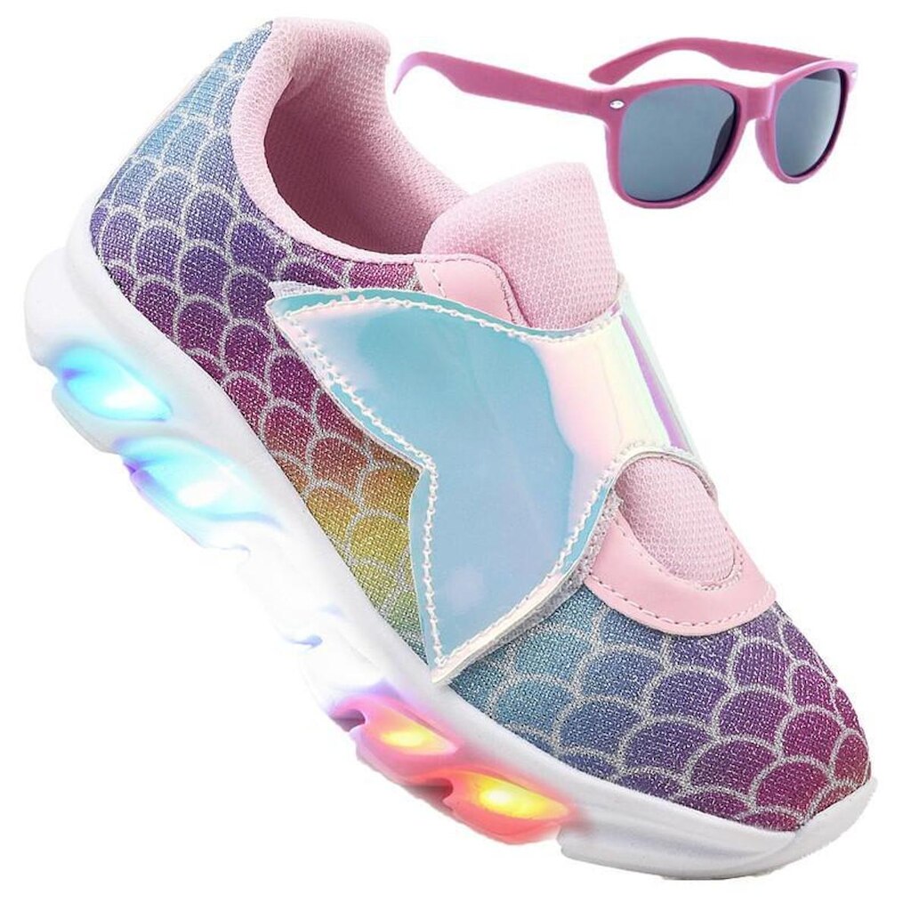 Tenis Infantil De Led Feminino Sereia Refletivo Meninas + Oculos
