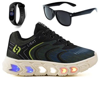 Tenis Infantil De Led Masculino Homem Escolar Casual Calce Facil Basico + Oculos Relogio