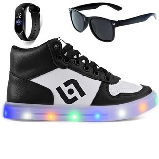 Tenis Infantil De Led Meninos Botinha Cano Alto Escolar Casual Basico + Oculos Relogio