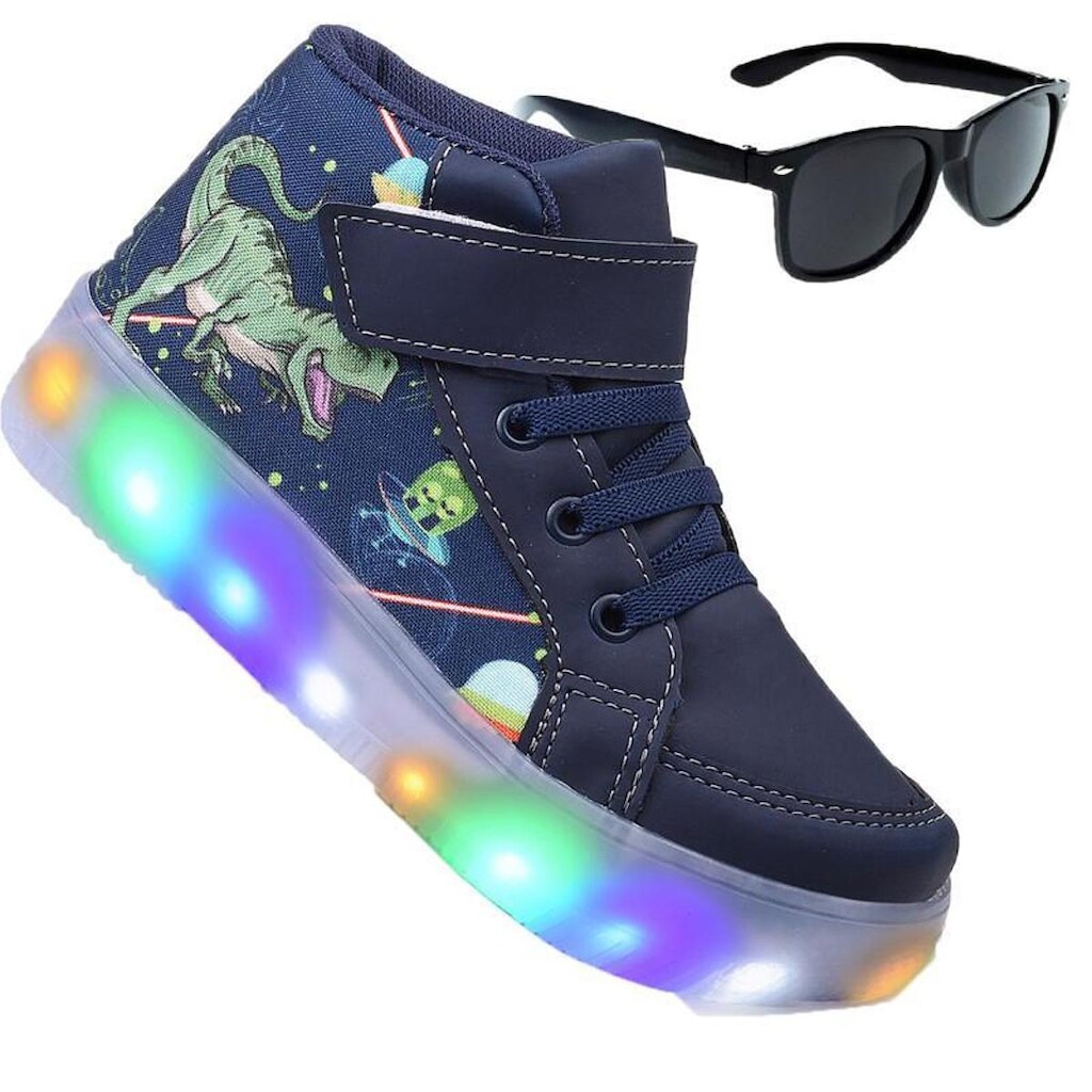 Tenis Infantil De Led Meninos Dinossauro Botinha Masculino + Oculos