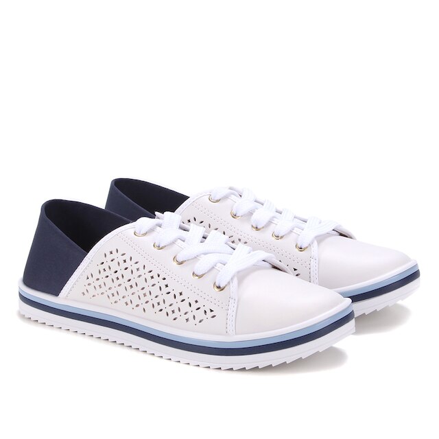 Tênis Moleca Casual Perfuros Feminino - Branco+Marinho Menor preço em Tênis Moleca Casual Perfuros Feminino - Branco+Marinho