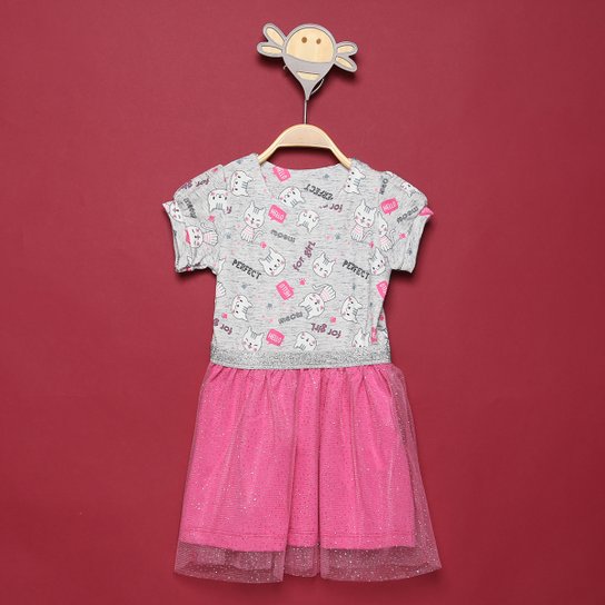 Vestido Bebê For Girl Crepe Gatinhos Tule - Cinza+Pink