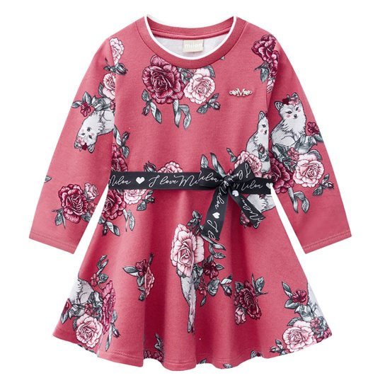 Vestido Bebê Milon Estampado Manga Longa - Rosa Escuro