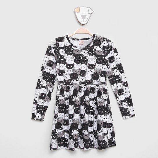 Vestido Brandili Manga Longa Estampado - Preto