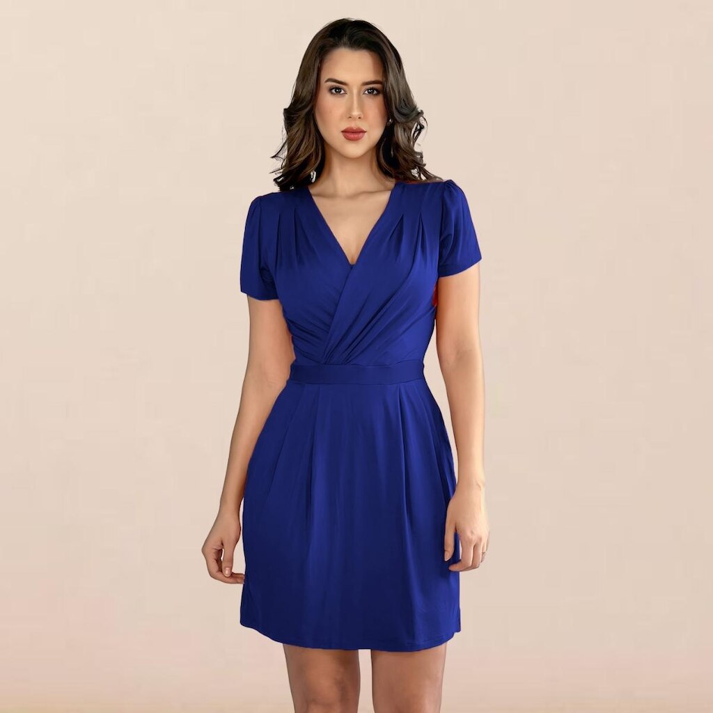 Vestido Curto Decote Transpassado Envelope Soltinho Acinturado Manga Curta