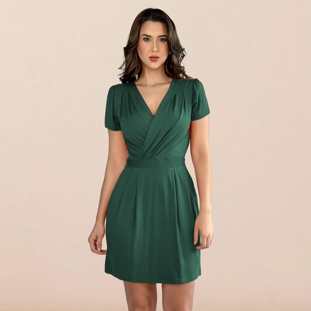 Vestido Curto Decote Transpassado Envelope Soltinho Acinturado Manga Curta
