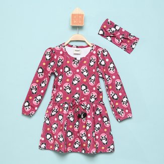 Vestido Infantil Duzizo Panda Manga Longa C/ Faixa de Cabeça