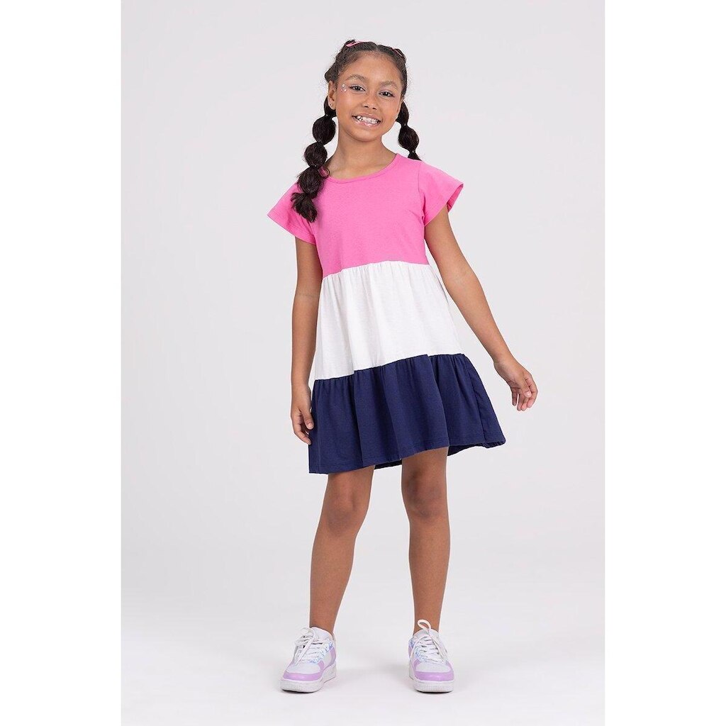 Vestido Infantil Evasê Camadas Bordado Rosa