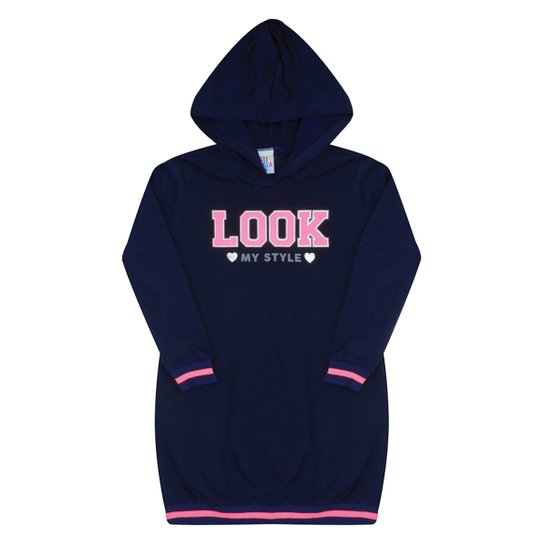 Vestido Infantil Pulla Bulla Moletinho Manga Longa Capuz - Marinho