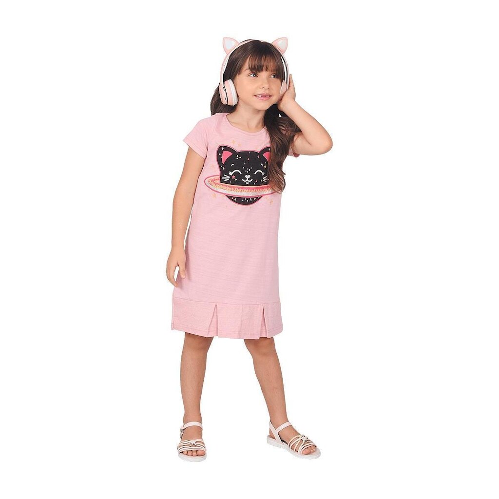 Vestido Infantil Rosa Gatinho com Detalhe em Glitter - Destak