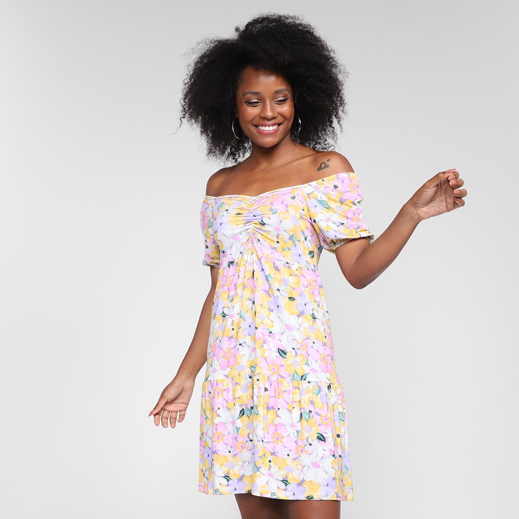 Vestido Lecimar Curto Ombro A Ombro Floral