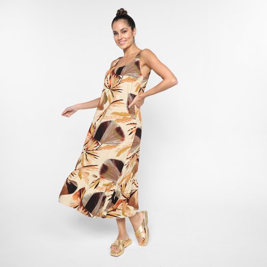Vestido Longo Aishty Folhagens Feminino - Bege Menor preço em Vestido Longo Aishty Folhagens Feminino - Bege