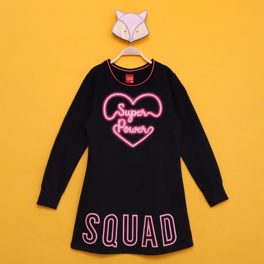 Vestido Manga Longa Kyly Super Power Squad Menina - Preto