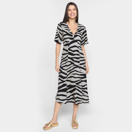 Vestido Midi Hering Animal Print Zebra - Cáqui Menor preço em Vestido Midi Hering Animal Print Zebra - Cáqui