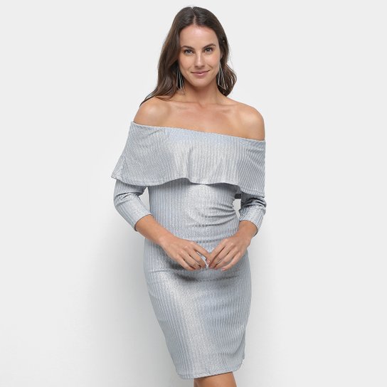 Vestido Ombro a Ombro Malwee Midi Metalizado - Cinza