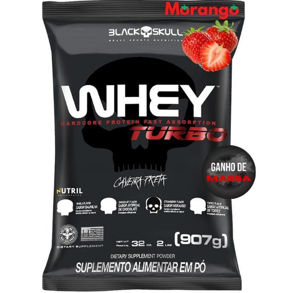 Whey Protein Concentrado TURBO Black Skull 907G Refil Para Ganho de Massa e Força Musculação