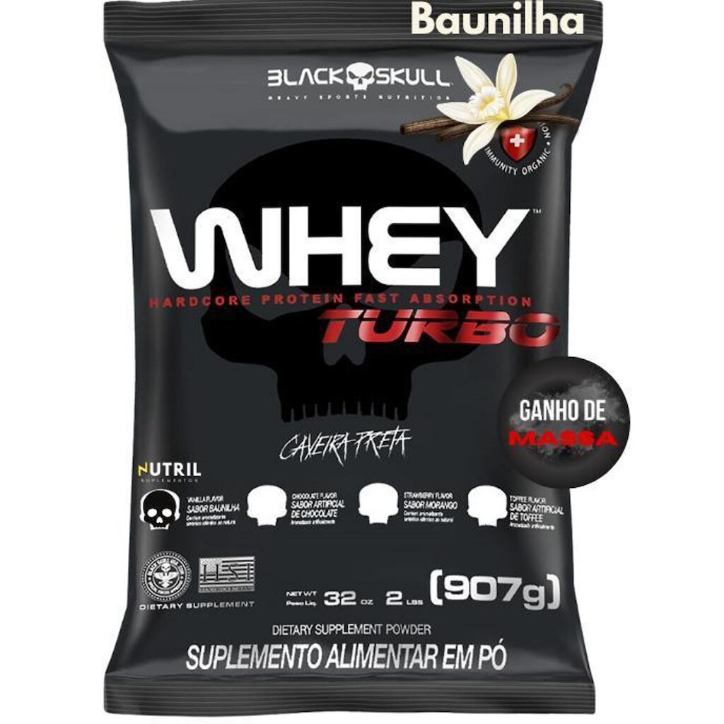 Whey Protein Concentrado TURBO Black Skull 907G Refil Para Ganho de Massa e Força Musculação