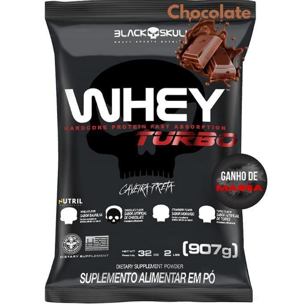 Whey Protein Concentrado TURBO Black Skull 907G Refil Para Ganho de Massa e Força Musculação